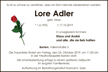 Traueranzeige von Lore Adler von SYK