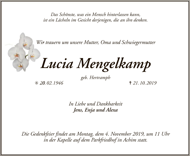  Traueranzeige für Lucia Mengelkamp vom 30.10.2019 aus SYK