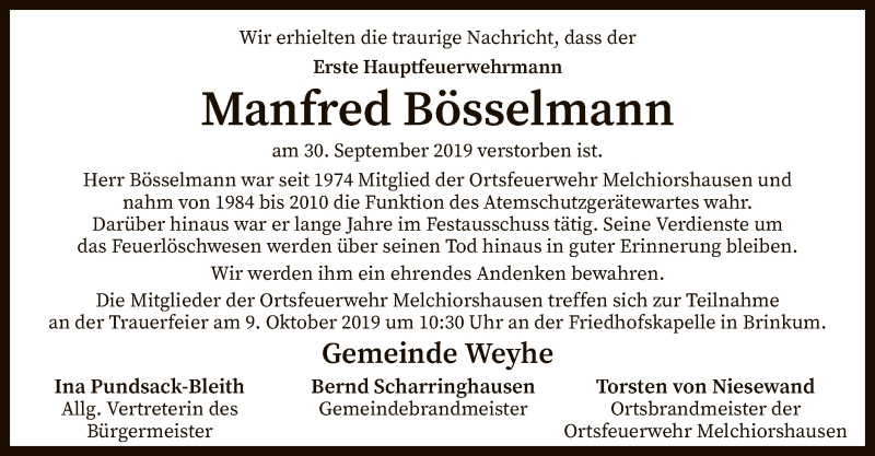  Traueranzeige für Manfred Bösselmann vom 05.10.2019 aus SYK