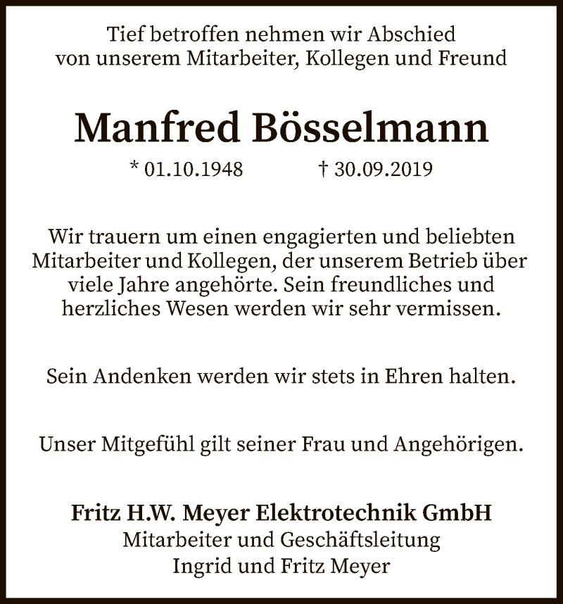  Traueranzeige für Manfred Bösselmann vom 09.10.2019 aus SYK