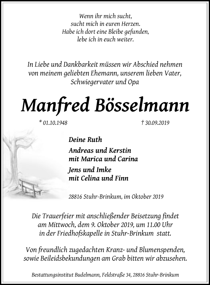  Traueranzeige für Manfred Bösselmann vom 05.10.2019 aus SYK