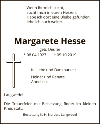 Traueranzeige von Margarete Hesse von SYK