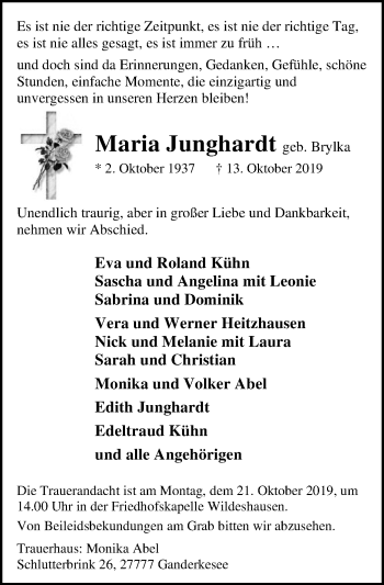 Traueranzeige von Maria Junghardt von SYK