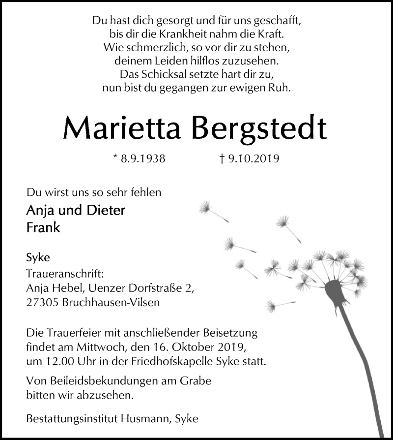  Traueranzeige für Marietta Bergstedt vom 12.10.2019 aus SYK