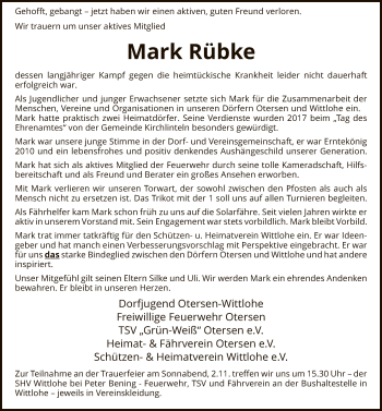 Traueranzeige von Mark Rübke von SYK