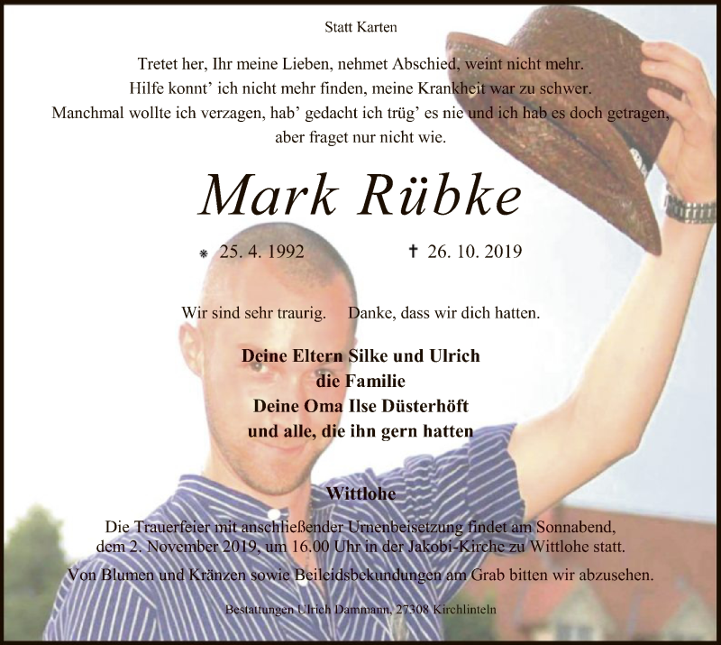  Traueranzeige für Mark Rübke vom 29.10.2019 aus SYK
