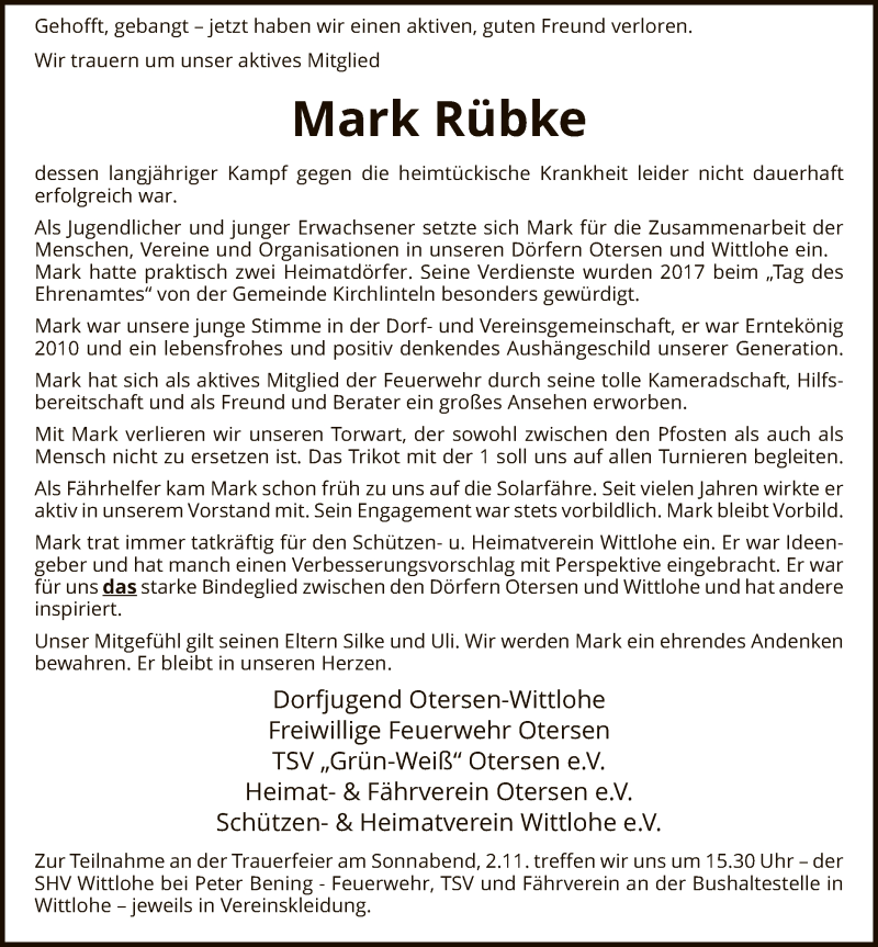  Traueranzeige für Mark Rübke vom 30.10.2019 aus SYK