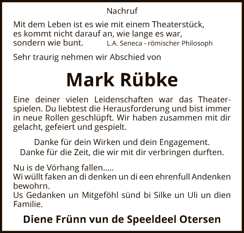  Traueranzeige für Mark Rübke vom 30.10.2019 aus SYK