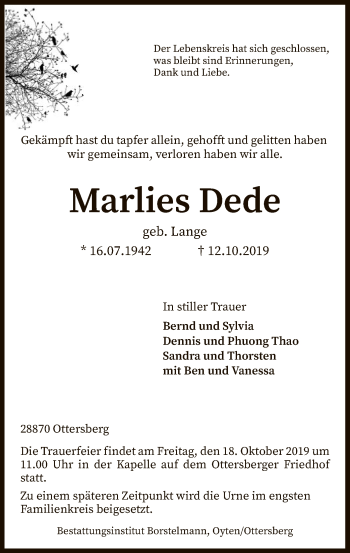 Traueranzeige von Marlies Dede von SYK