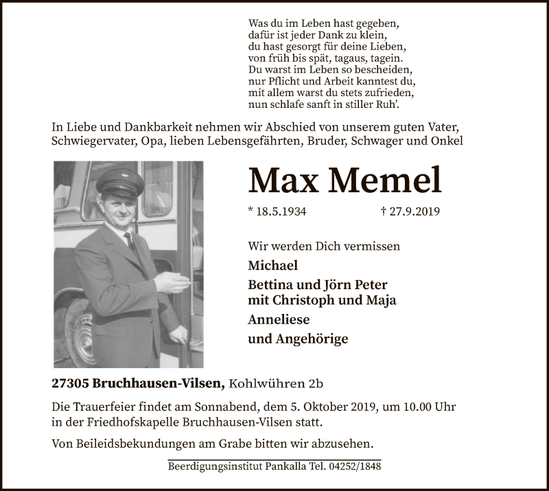  Traueranzeige für Max Memel vom 01.10.2019 aus SYK