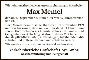 Traueranzeige von Max Memel von SYK