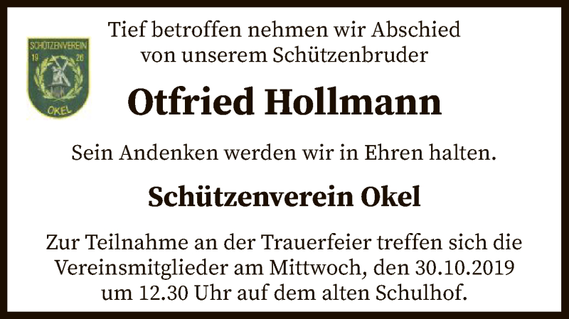  Traueranzeige für Otfried Hollmann vom 18.10.2019 aus SYK