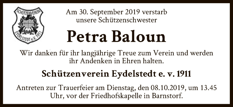  Traueranzeige für Petra Baloun vom 05.10.2019 aus SYK