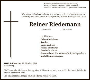 Traueranzeige von Reiner Riedemann von SYK