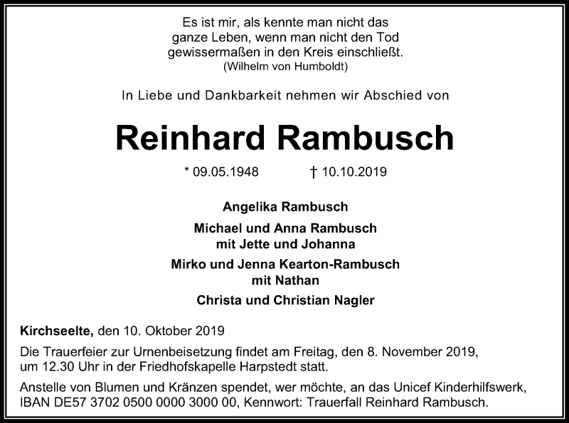  Traueranzeige für Reinhard Rambusch vom 19.10.2019 aus SYK