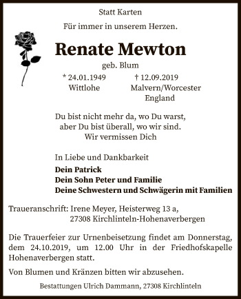 Traueranzeige von Renate Mewton von SYK