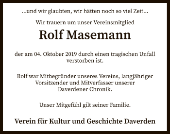 Traueranzeige von Rolf Masemann von SYK