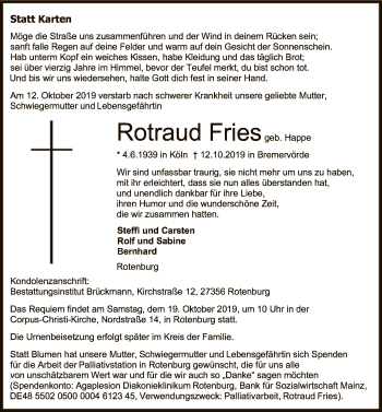 Traueranzeige von Rotraud Fries von SYK
