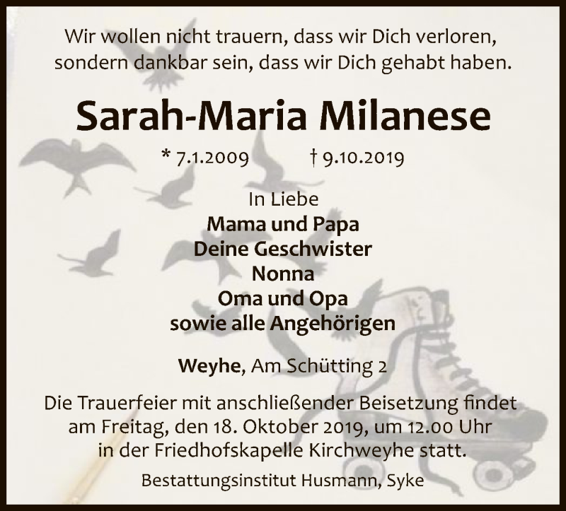  Traueranzeige für Sarah-Maria Milanese vom 16.10.2019 aus SYK