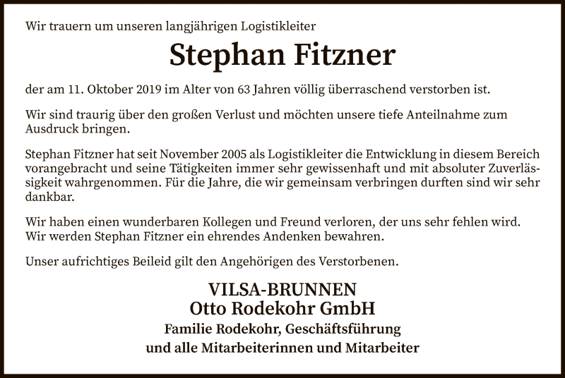  Traueranzeige für Stephan Fitzner vom 17.10.2019 aus SYK
