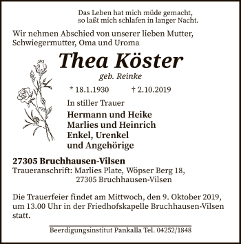 Traueranzeige von Thea Köster von SYK