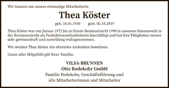 Traueranzeige von Thea Köster von SYK