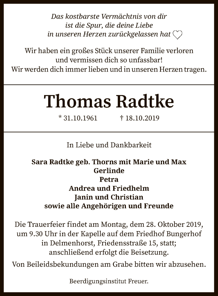  Traueranzeige für Thomas Radtke vom 23.10.2019 aus SYK
