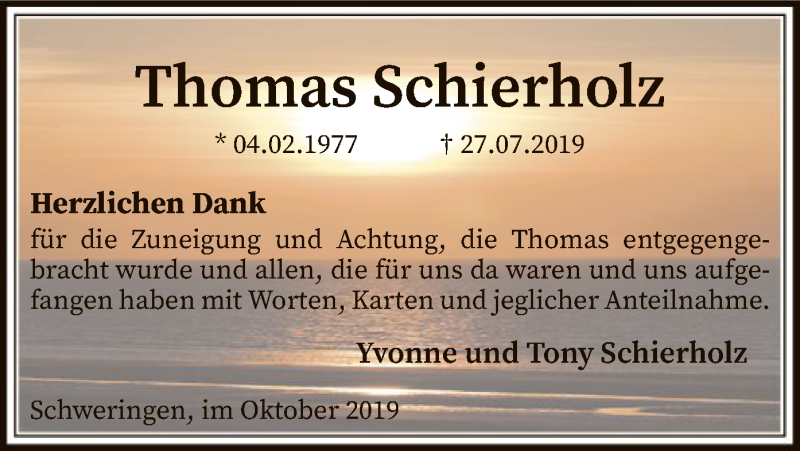  Traueranzeige für Thomas Schierholz vom 19.10.2019 aus SYK