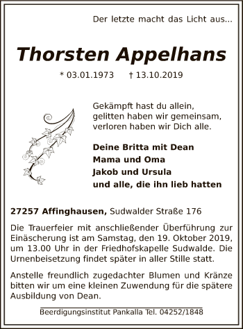 Traueranzeige von Thorsten Appelhans von SYK