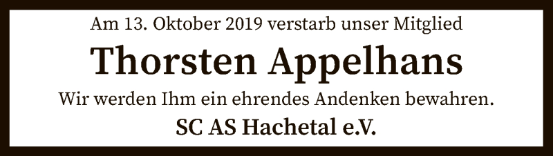  Traueranzeige für Thorsten Appelhans vom 18.10.2019 aus SYK