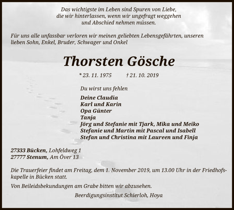  Traueranzeige für Thorsten Gösche vom 26.10.2019 aus SYK