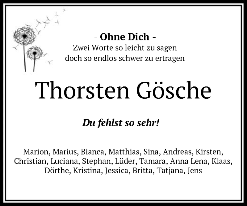  Traueranzeige für Thorsten Gösche vom 29.10.2019 aus SYK