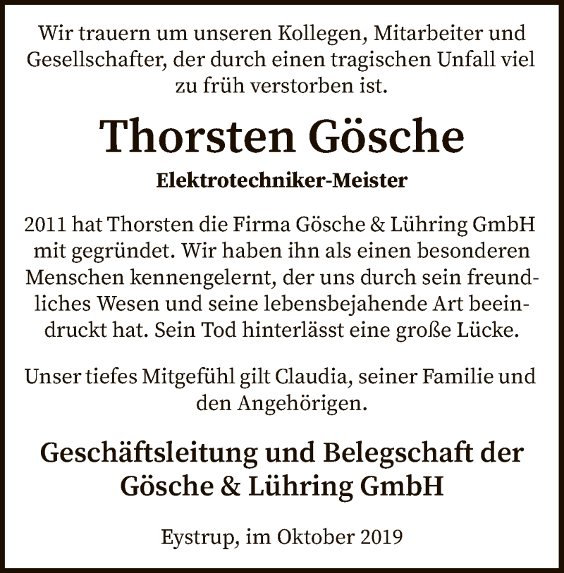  Traueranzeige für Thorsten Gösche vom 26.10.2019 aus SYK
