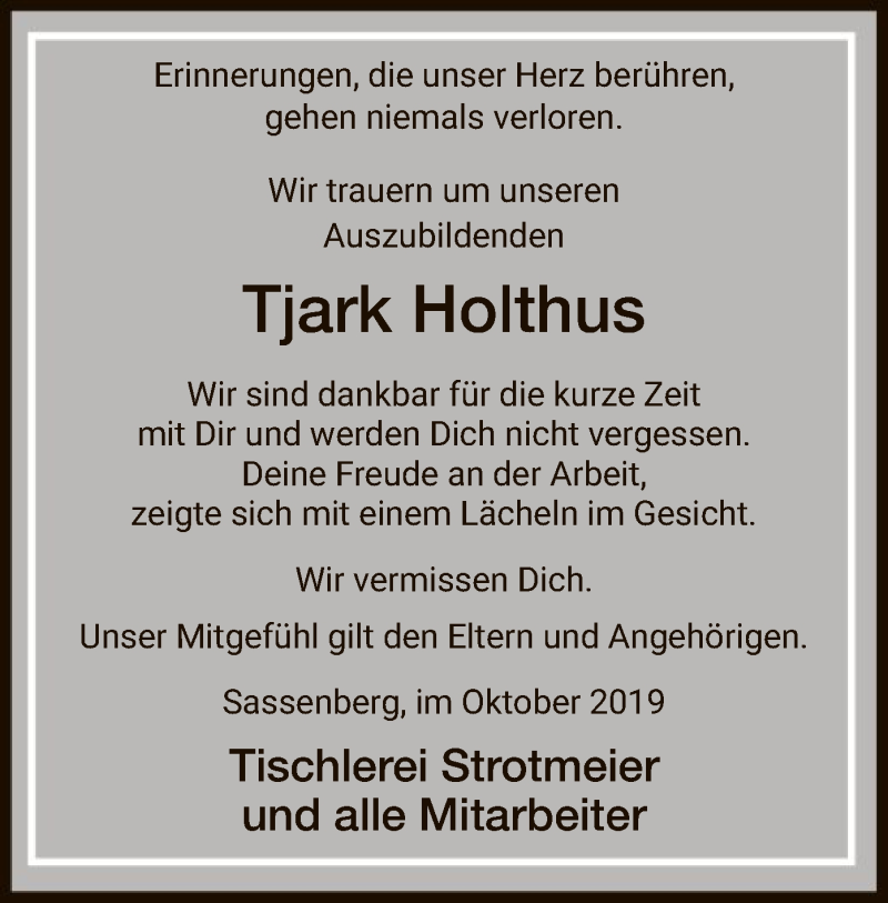  Traueranzeige für Tjark Holthus vom 18.10.2019 aus SYK