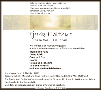 Traueranzeige von Tjark Holthus von SYK