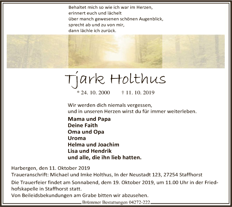  Traueranzeige für Tjark Holthus vom 15.10.2019 aus SYK