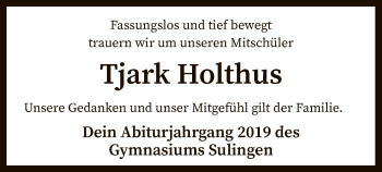 Traueranzeige von Tjark Holthus von SYK