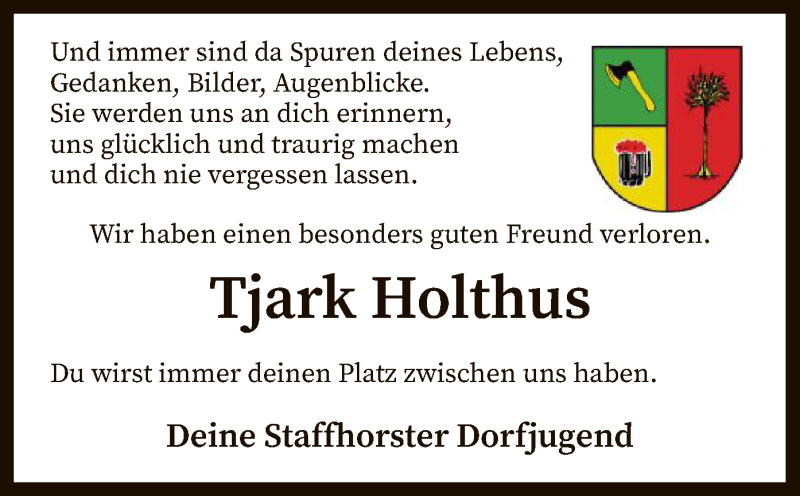  Traueranzeige für Tjark Holthus vom 16.10.2019 aus SYK