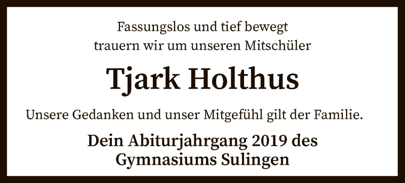  Traueranzeige für Tjark Holthus vom 16.10.2019 aus SYK