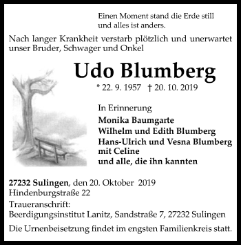Traueranzeige von Udo Blumberg von SYK