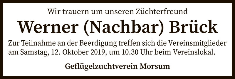  Traueranzeige für Werner Brück vom 05.10.2019 aus SYK