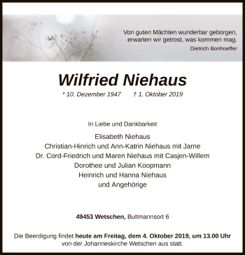 Traueranzeige von Wilfried Niehaus von SYK