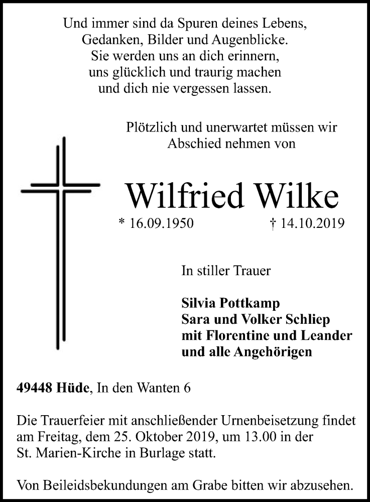  Traueranzeige für Wilfried Wilke vom 16.10.2019 aus SYK