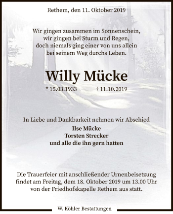 Traueranzeige von Willy Mücke von SYK