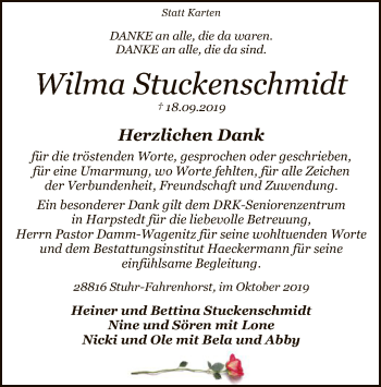 Traueranzeige von Wilma Stuckenschmidt von SYK