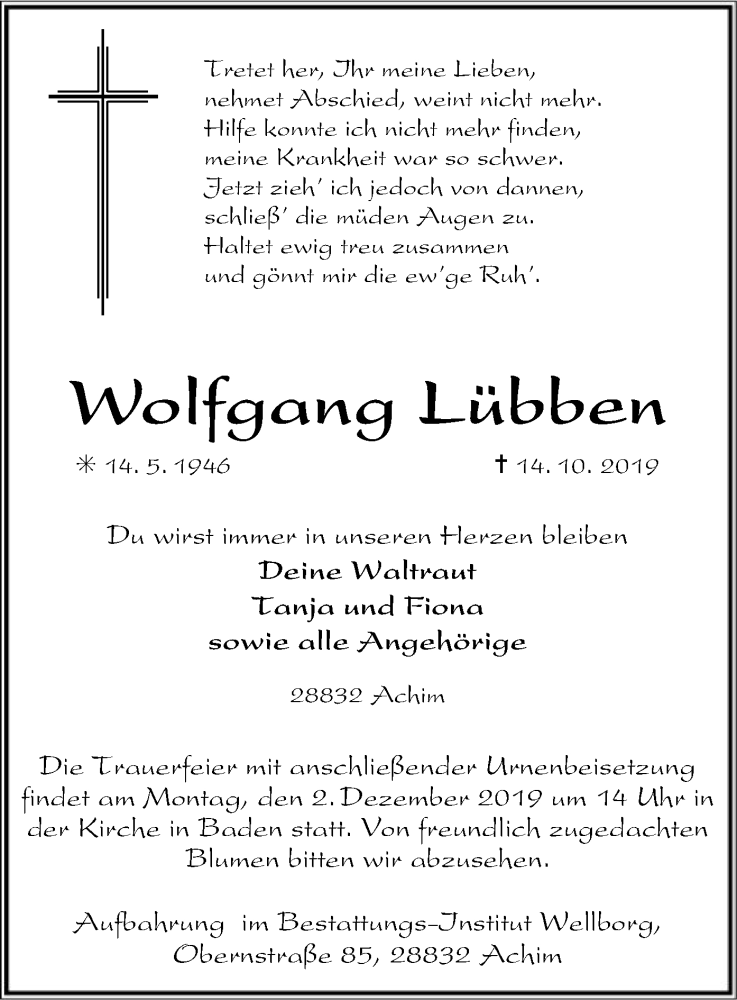  Traueranzeige für Wolfgang Lübben vom 18.10.2019 aus SYK