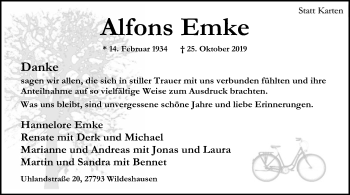 Traueranzeige von Alfons Emke von SYK
