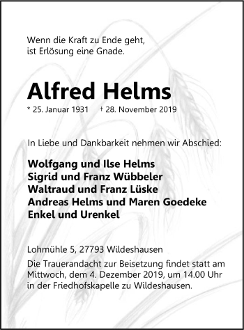 Traueranzeige von Alfred Helms von SYK