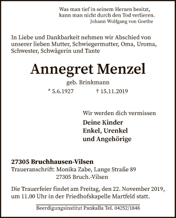 Traueranzeige von Annegret Menzel von SYK