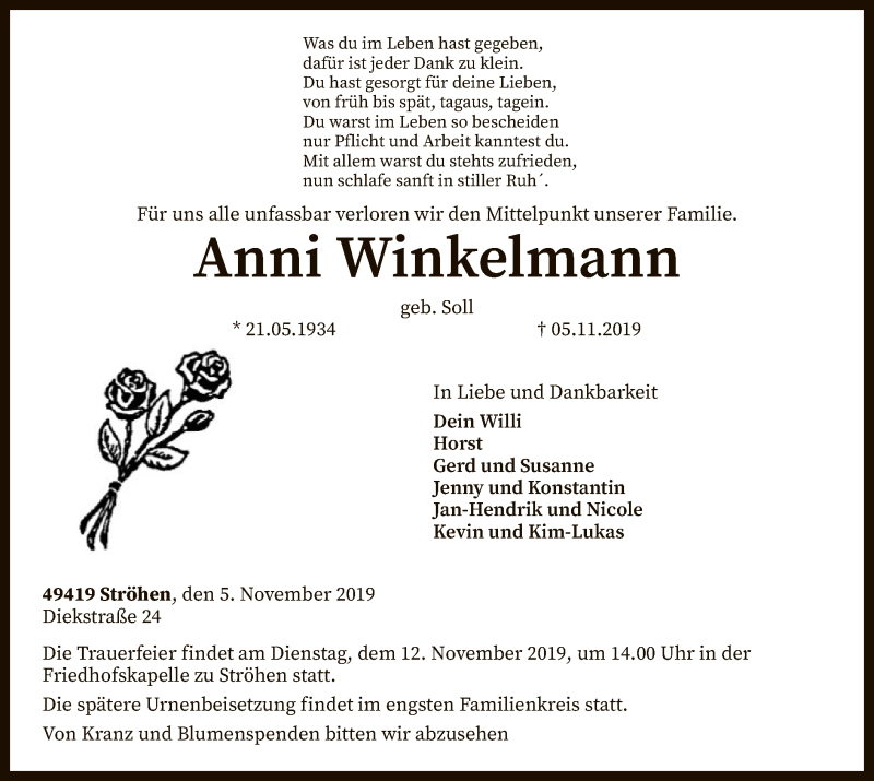  Traueranzeige für Anni Winkelmann vom 07.11.2019 aus SYK